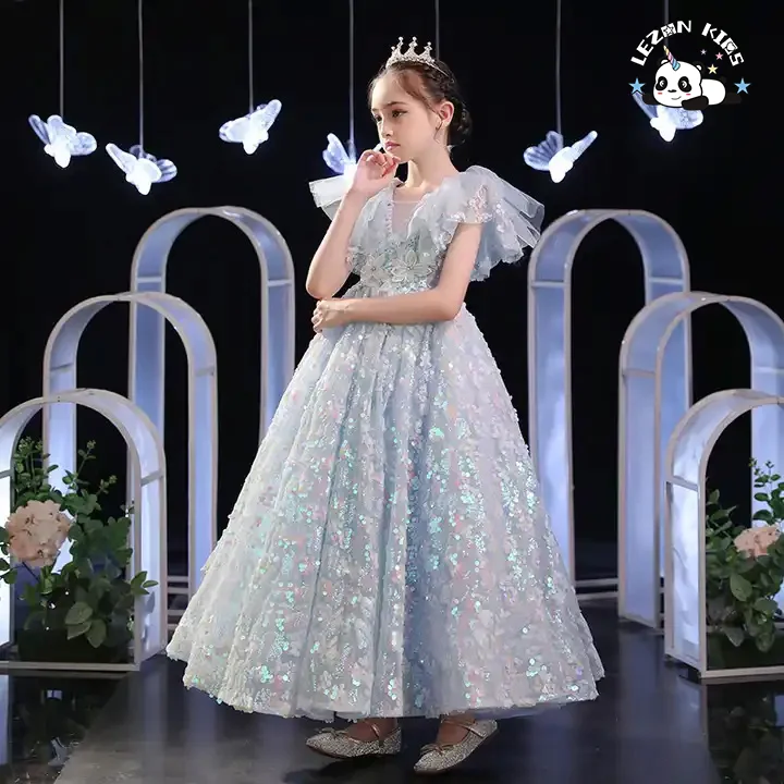 LEZONKIDS - 2022 New Little Girl Show Poncho Evening Dress for Children Spring Summer Evening Dress for Children Blue